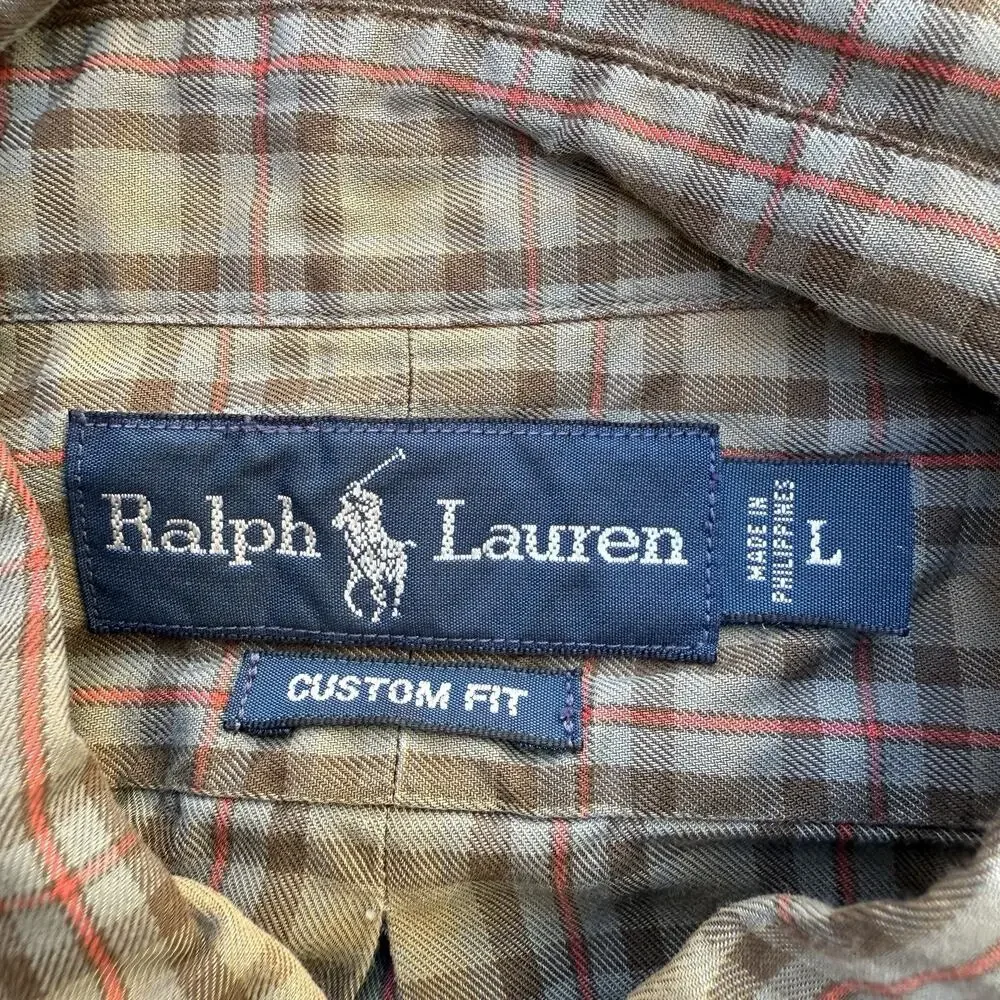 Ralph Lauren Shirt Men Large Brown Olive Plaid Button Up Long Sleeve 100% Cotton